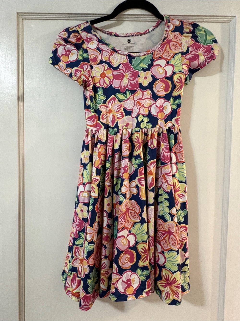 Girls' Navy Floral Short-Sleeve Twirl Dress with Pink & Yellow Blooms